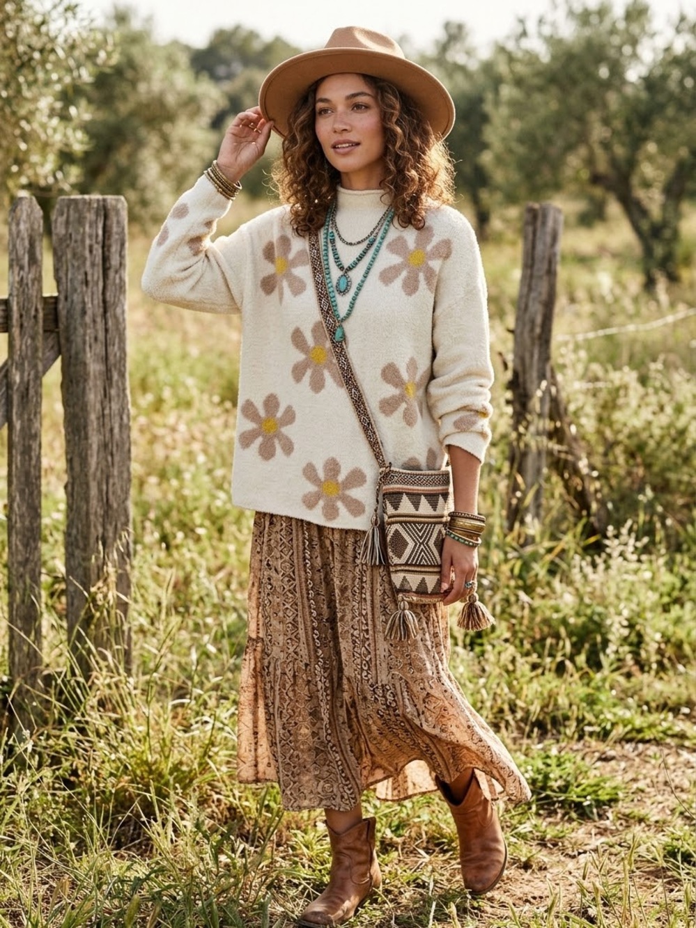 Chelsea & Theodore Cream Daisy Mock Neck Sweater Beige Blooms medium fall boho
